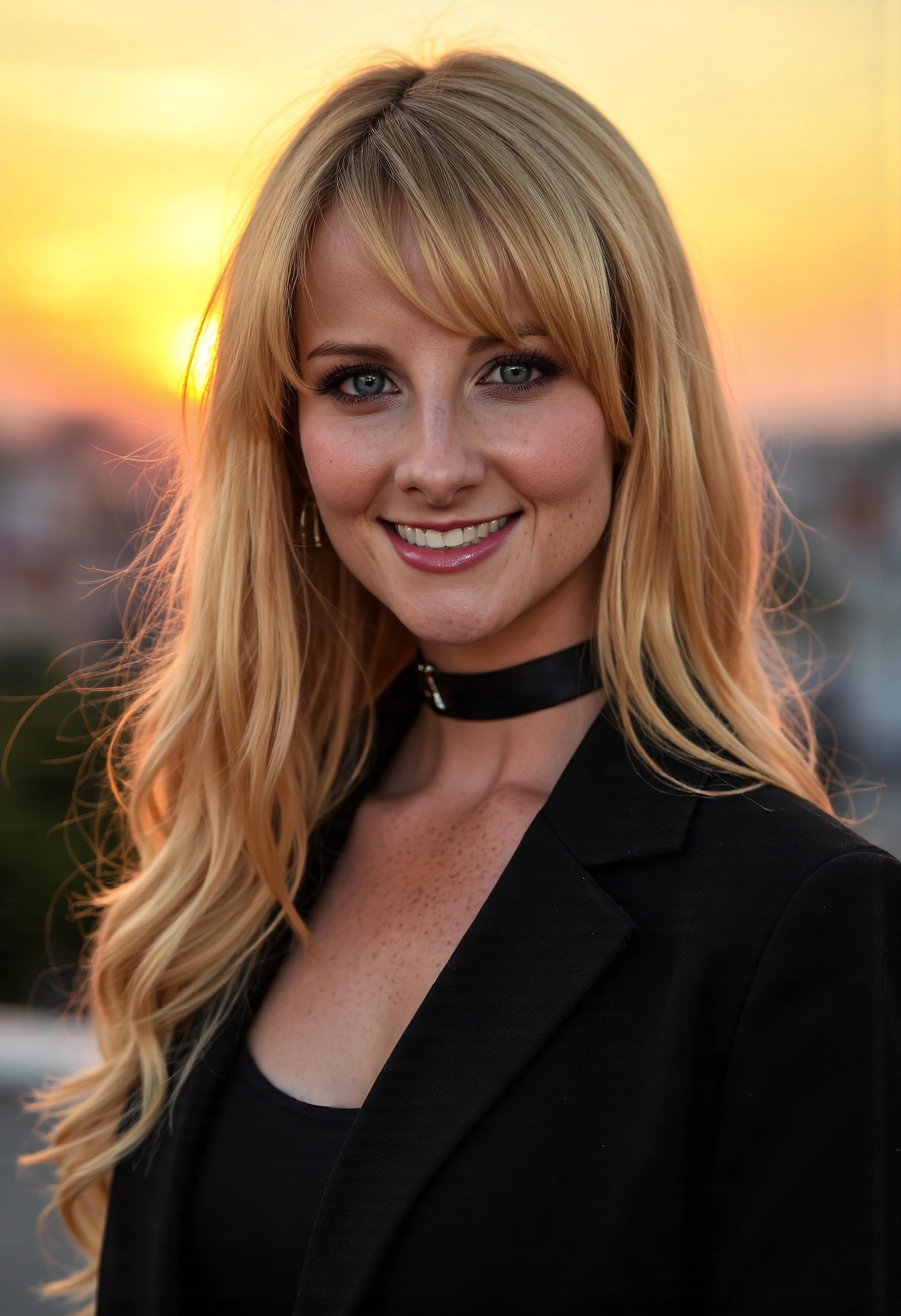 The image is a portrait of Melissa_Rauch woman posing for a photo ,She has blonde long hair,She is wearing a black blouse and a choker, sunset,She has a smile on his face, Upper body photo. She is looking at viewer. Amateur photography