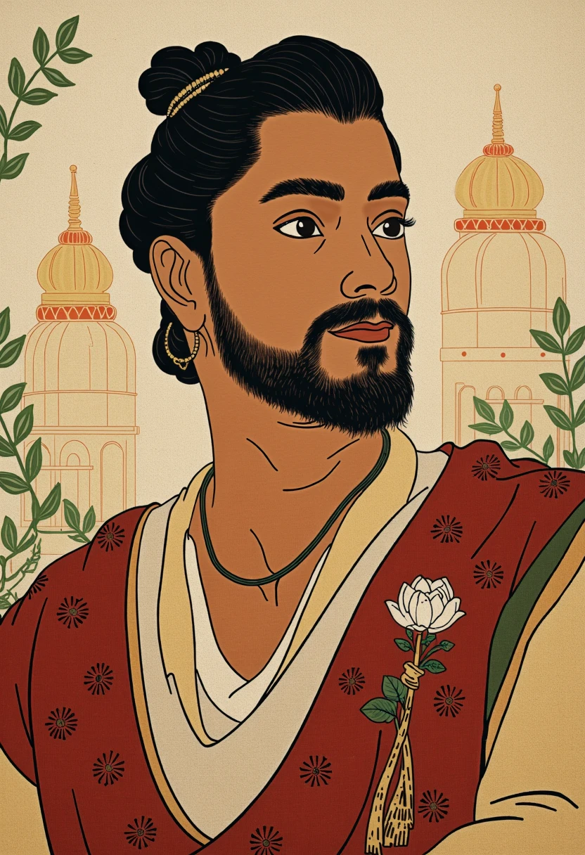 a portrait of an Indian man inspired by the Shunga art style, featuring a blend of traditional Indian clothing and Shunga techniques. The man has warm brown skin, expressive eyes, and a neatly trimmed beard. He wears a regal kurta with intricate embroidery, reflecting Indian craftsmanship. The background depicts traditional Indian architecture, such as domes and arches, and is accented with soft lotus flowers. The Shunga style emphasizes gentle lines, muted yet rich colors, and a focus on elegance and sensuality.
