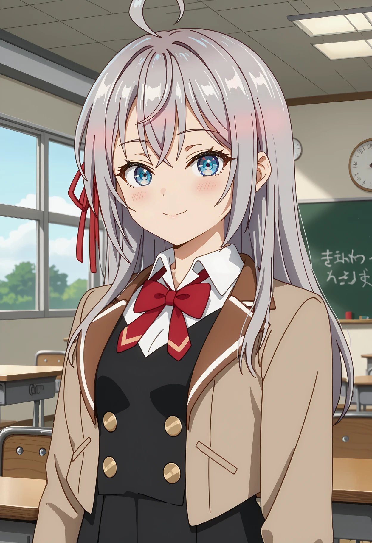 score_7_up, anime screencap, anime coloring,
<lora:Roshidere_KujouAlyaMikhailovnaXL:0.9>,
1girl, closed mouth, light smile, light blush,
long hair, grey hair, ahoge, crossed bangs, blue eyes, hair ribbon, red ribbon,
AlyaSchool, cropped jacket, open jacket, brown jacket, red bowtie, white shirt, black vest, buttons, long sleeves,
upper body, looking at viewer,
classroom, blurry background, indoors