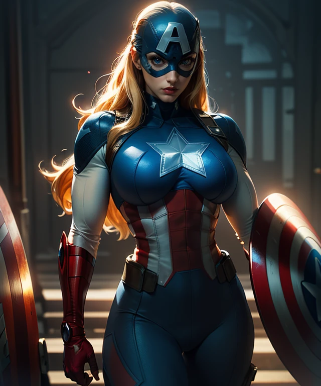 (masterpiece:1.2), best quality, (realistic:1.2), (1girl:1.5), (americandream:1.5), blonde hair, long hair, blue eyes, (red_lipstick:1.2), (mask:1.5),superhero, bodysuit, (star (symbol):1.5), (adshield:1.5), (shield:1.2), (red_fingerless_gloves:1.2), (white_sleeves:1.5), (blue_shoulders:1.2), (huge_breasts:1.2), curvy, (dramatic_lighting:1.2), (cowboy_shot:1.5), (American_flag:1.2), <lora:AmericanDreamV1:1>