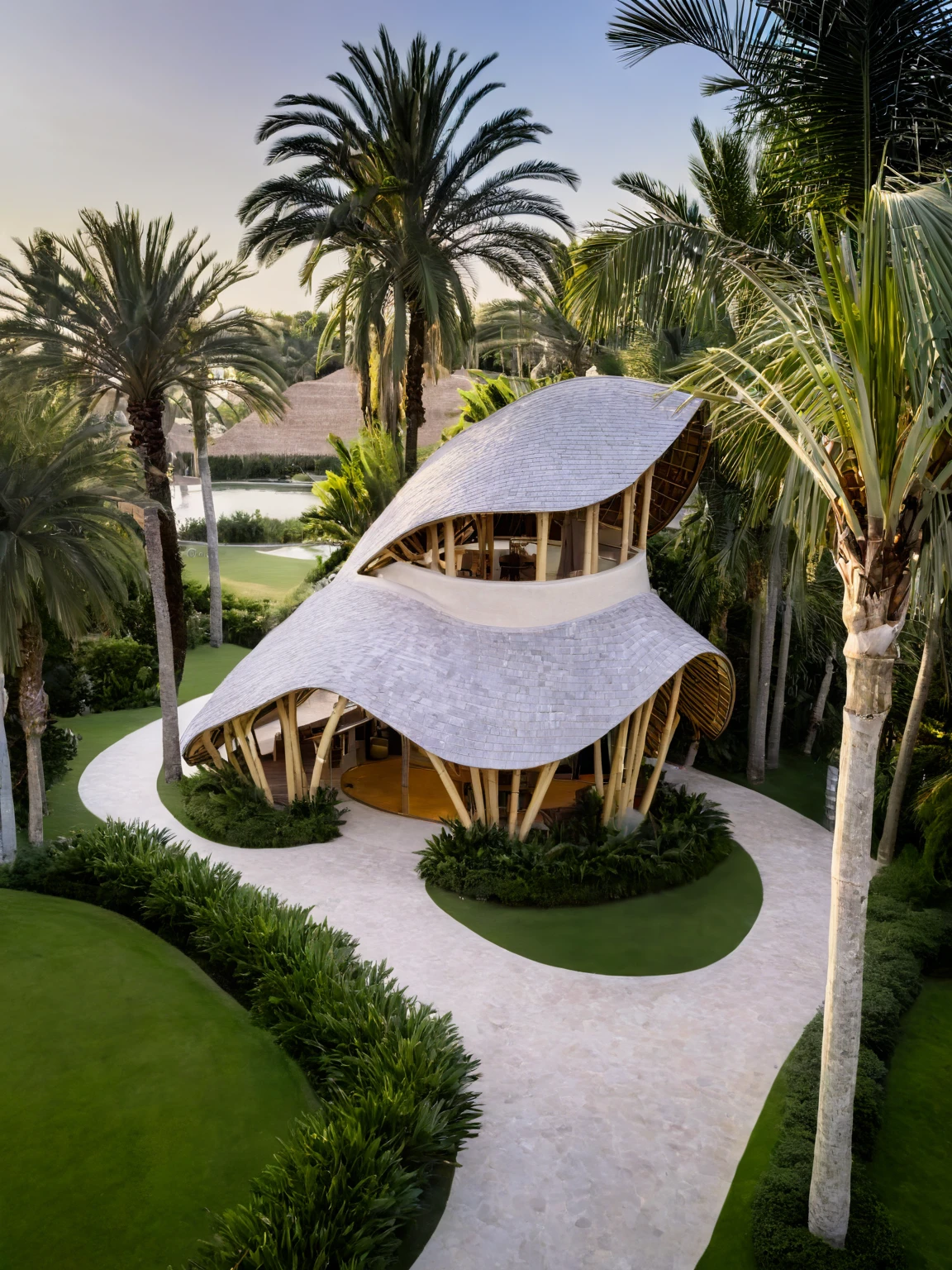 <lora:JJsBambooHouse_XL:1>, ((Bamboo House)),  masterpiece, best quality, building,  (outdoors), plant, scenery, ((sky)), tree,  center composition, building, bush, day, grass,no humans, , outdoors, palm tree, plant, road, scenery, tree