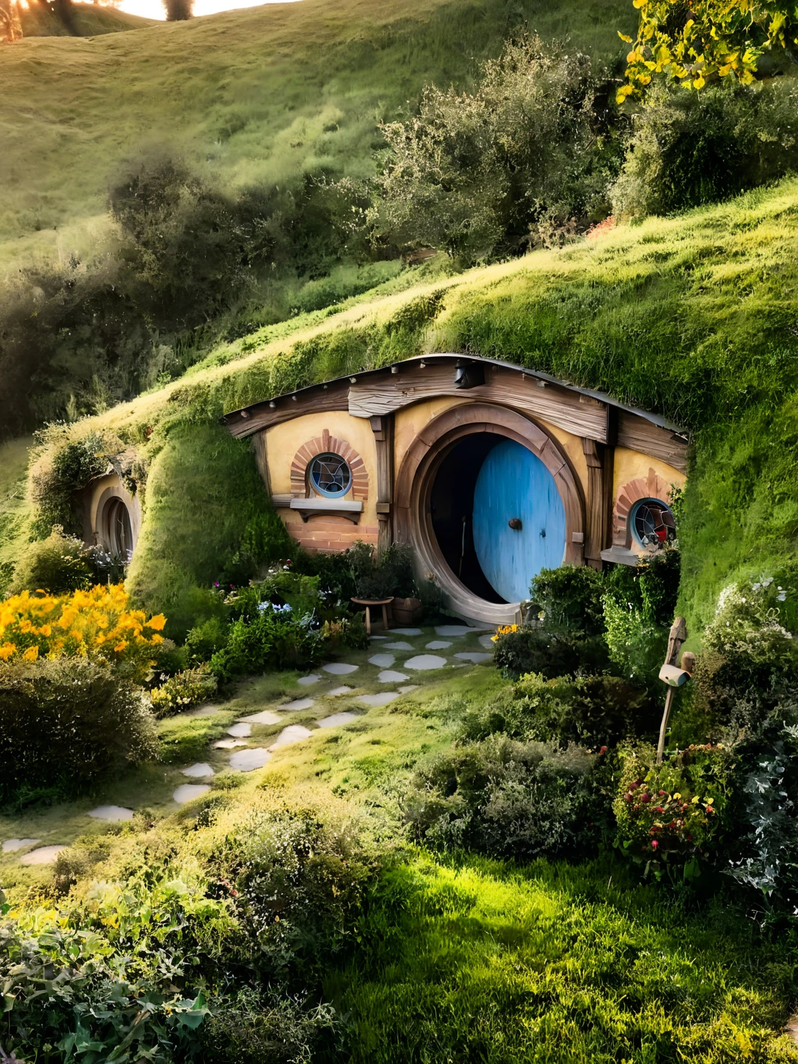 <lora:JJsHobbitHouse_XL:1>, ((Hobbit House)),  masterpiece, best quality, building,  (outdoors), plant, scenery, ((sky)),  center composition,  bush, day, grass, no humans, road,  door, window, golden hour,