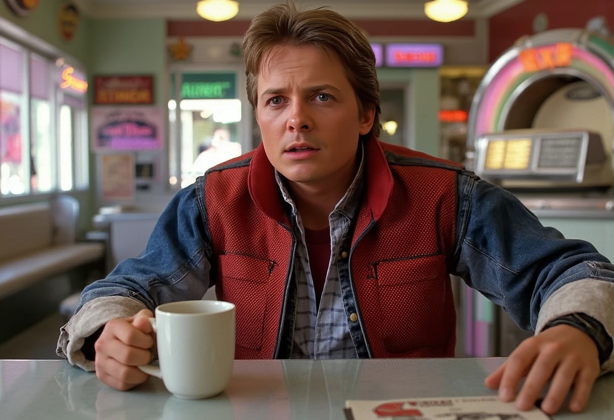 MRTY, PClose-up of Marty McFly from Back to the Future, sitting at a counter in a 1955 diner. Photorealistic digital art style. Marty wears his '80s outfit: red vest over denim jacket, looking out of place. He's holding a classic white ceramic mug, sipping coffee with a slightly puzzled expression. Background: Chrome and pastel-colored diner interior, vintage jukebox, neon signs. Warm, soft lighting from overhead fixtures and sunlight through windows. Sharp focus on Marty and coffee mug, gradual blur towards background. Include details like steam rising from the coffee, reflections in chrome surfaces, and a typical '50s menu on the counter. Color palette: Warm browns of coffee, bright red of Marty's vest, pastel blues and pinks of the diner decor. Capture Marty's fish-out-of-water body language as he observes '50s patrons. Exclude: Other main characters from the movie. Emphasize the contrast between Marty's '80s appearance and the authentic '50s diner atmosphere.he 1950s environment.