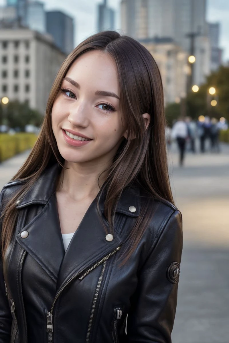 headshot of S537_KateQuinn,an attractive woman,in a (park:1.1),wearing a (leather jacket),(smiling),(cityscape),(4k, RAW photo, best quality, 50mm, depth of field, ultra high res:1.1),(intricate, photorealistic, cinematic-shot, masterpiece, ultra-detailed:1.1),