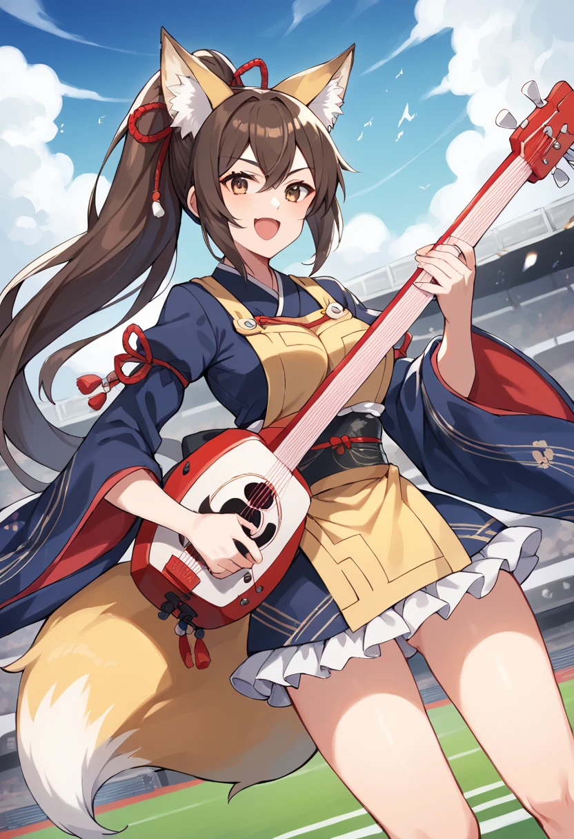 score_9,score_8_up,score_7_up,source_anime,masterpiece,best quality,1girl,solo,playing_instrument,holding guitar,instrument,guitar,a_(show_by_rock!!),brown eyes,animal ears,long hair,ponytail,brown hair,hair ornament,fox ears,fox tail,yellow apron,japanese clothes,dark blue kimono,wide sleeves,obi,ribbon,frilled skirt,<lora:aSB69>,cowboy_shot,looking_at_viewer,thighs,smile,stadium,open mouth,dynamic_angle,