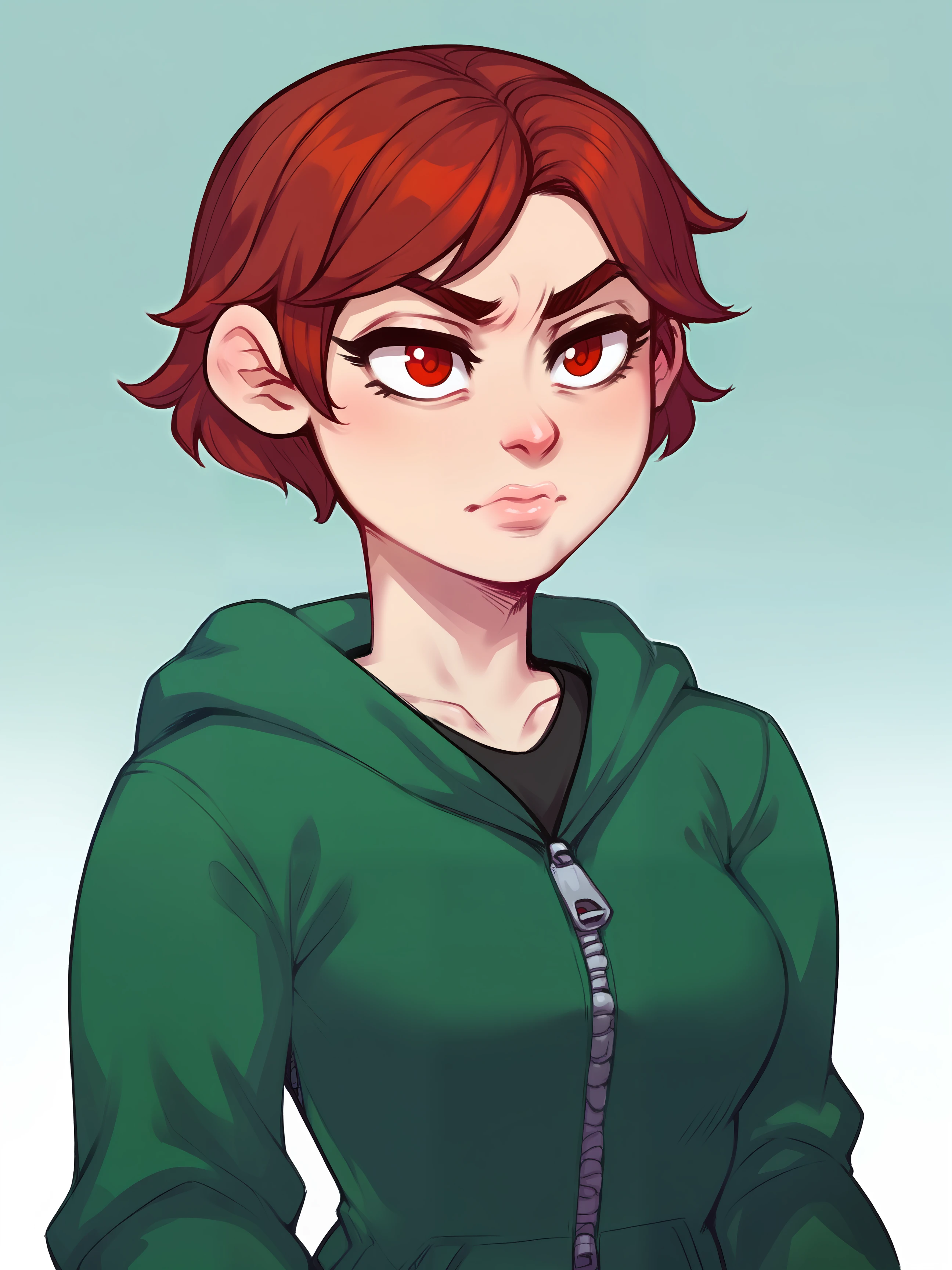 score_9, score_8_up, score_7_up, score_6_up, score_5_up, score_4_up, solo, 1girl, curvy, black outline, red eyes, curvy, Enti, Short Hair, Red Hair, Green Hoodie, zipper, black shorts, upper body, serious look, <lora:Enti-03:0.8>,  <lora:djc0mpsXLP:1> djc0mps,  <lora:Detail_Tweaker:1>