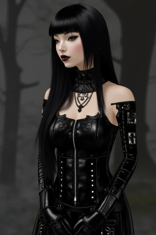 masterpiece, best quality, {30 year old female}, long black hair, expressionless, windswept hair, black leather corset, black lipstick, detailed eyes, forest background, waterfall {eroticism 1.5}