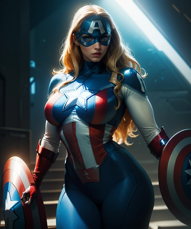 (masterpiece:1.2), best quality, (realistic:1.5), (1girl:1.5), (americandream:1.5), blonde hair, long hair, blue eyes, (red_lipstick:1.2), (mask:1.5),superhero, bodysuit, (star (symbol):1.5), (adshield:1.5), (shield:1.2), (red_fingerless_gloves:1.2), (white_sleeves:1.5), (blue_shoulders:1.2), (huge_breasts:1.2), curvy, (dramatic_lighting:1.2), (cowboy_shot:1.5), <lora:AmericanDreamV1:1>