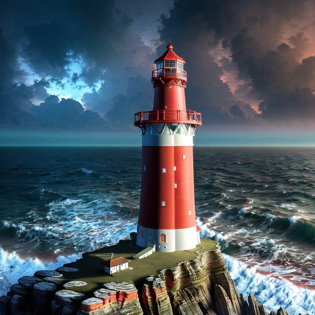 masterpiece, full scale wide photo, intricate photo, precisely detailed lighthouse with red-white colored ring-sections in the ocean on a rock by night, hazy fog on the water surface, blue neon backlight, photo realistic, hyper realistic, highly detailed, sharp focus, high resolution, best quality, colorful, friendly colors, cozy outdoor lighting, 8K