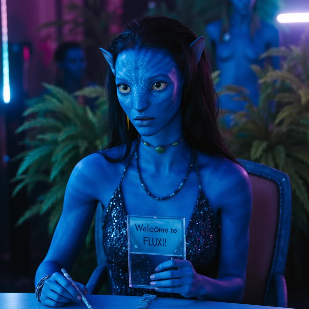 Instagram photo of a woman sitting at a table wearing a sexy low-cut sparkly nightclub dress on it, holding a plexi-glas sign that has the writing "Welcome to FLUX!!" written on it in permanent marker. She is looking at the camera with a slight smile and in the background are some office plants on either side of her out of focus. ,Neytiri, bluish skin, <lora:Neytiri_avatar_2009_FLUX_v1-000037:1>