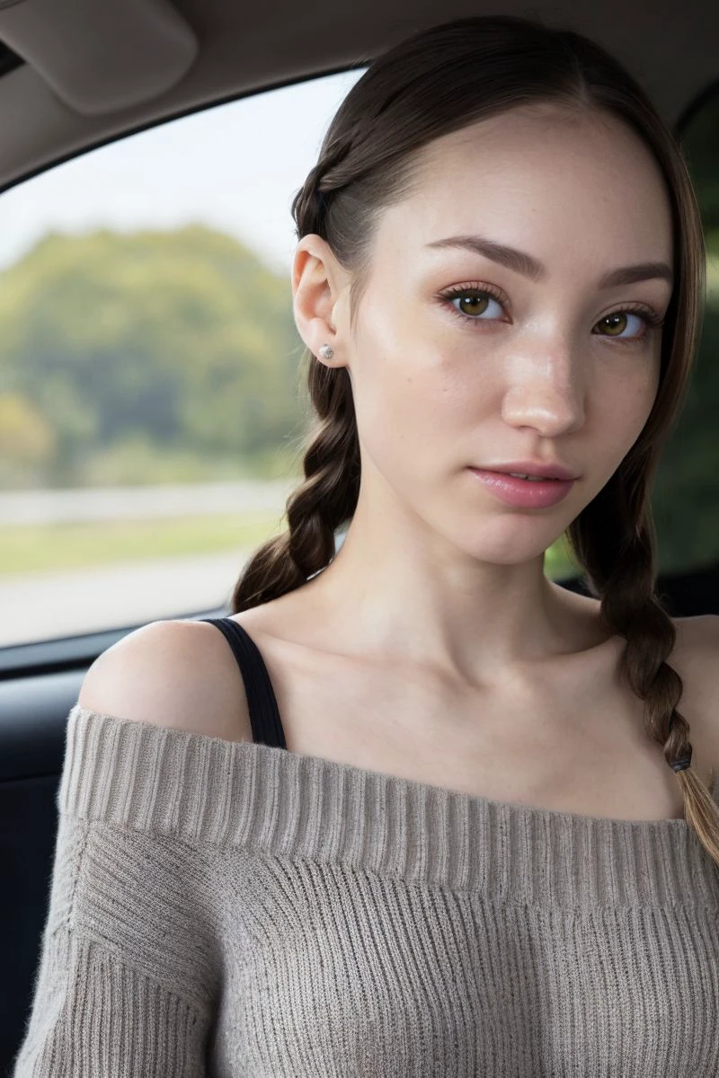 closeup headshot of S537_KateQuinn,a stunning woman,in a (car:1.1),wearing an (off shoulder sweater),(braids),(4k, RAW photo, best quality, 50mm, depth of field, ultra high res:1.1),(intricate, photorealistic, cinematic-shot, masterpiece, ultra-detailed:1.1),