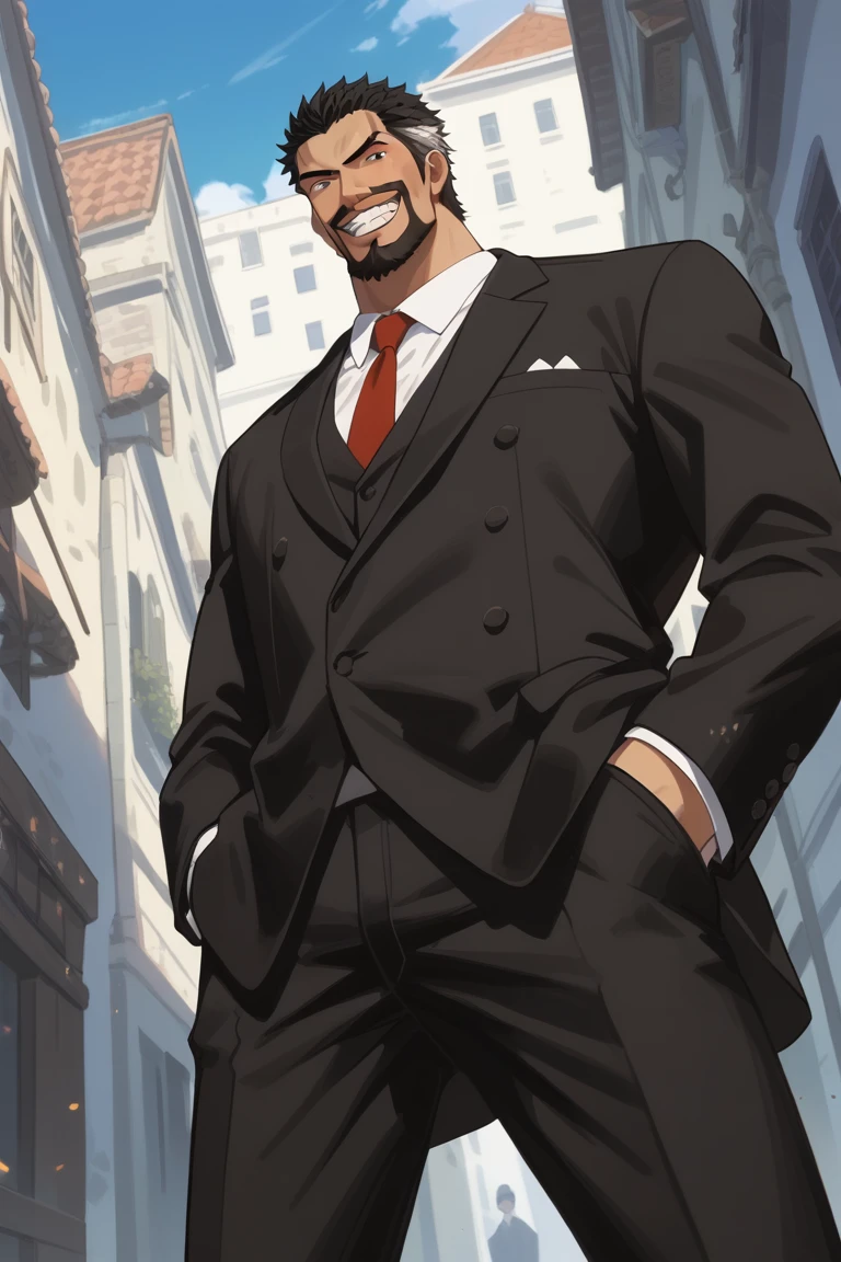 score_9, score_8_up, score_7_up, source_anime, rating_safe, manly standing, male focus, GarpyOP, black eyes, black_Garpy_facial hair, black-grey_Garpy_two-tone hair, white_Garp_collared shirt, red_Garp_necktie, black_Garpy_suit, black_Garpy_pants, wide smile, teeth, legs apart, hands in pocket, looking down at viewer, 1boy, anime screencap, from below, dutch angle