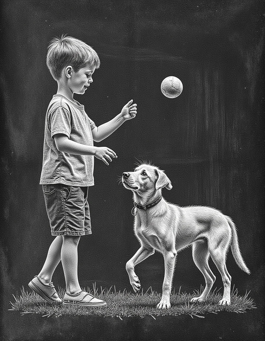 <lora:anatomica-chalk_v10_rank64_bf16:1>, anatomica-chalk, a chalk drawing of a boy playing fetch with his dog. The boy tosses a ball and the dog goes to get it.