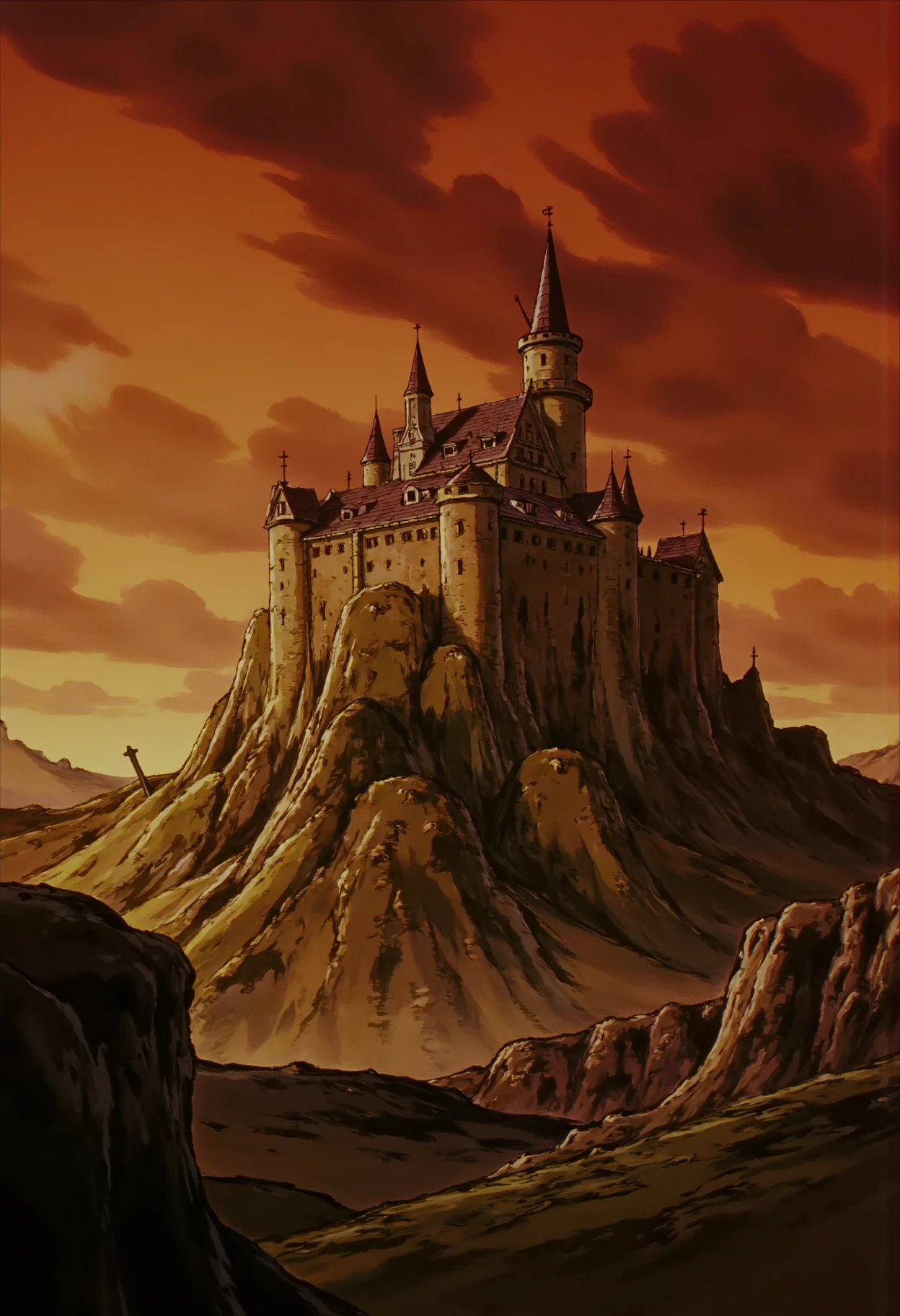 <lora:BerserkFLUXV2:1>
the overall atmosphere is tense and foreboding with the castle's imposing presence and the smoke-filled sky hinting at conflict or siege. the color palette is rich and vivid with warm tones dominating the sky and cooler tones in the landscape. the