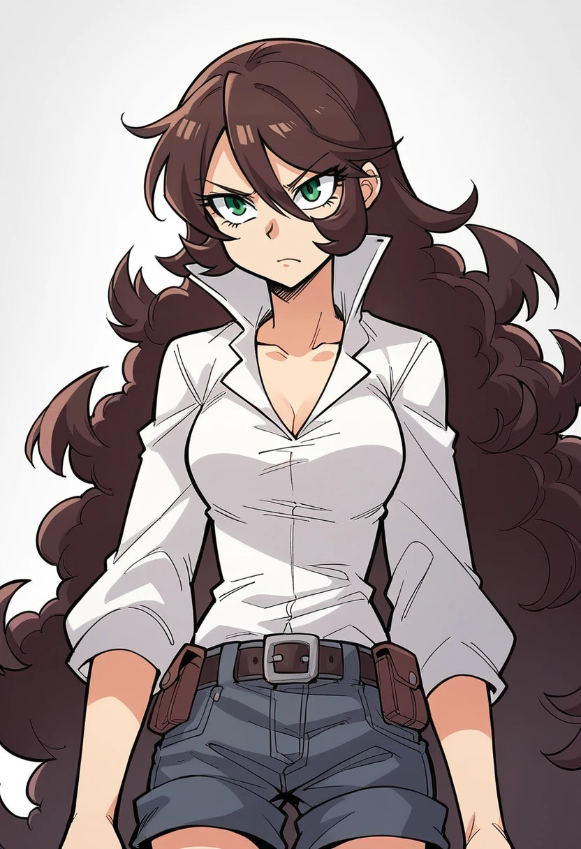 masterpiece, best quality, uncensored, source_anime BREAK score_9, score_8_up, score_7_up, score_6_up, score_5_up, score_4_up, 1girl, solo, mariewright, green eyes, brown hair, very long hair, big hair, curly hair, Expressiveh, white shirt, collared shirt, open collar, puffy sleeves, upper body, shorts, belt, glaring <lora:Expressive_H:0.6> <lora:add-detail-xl:0.5> <lora:mariewright:0.8>