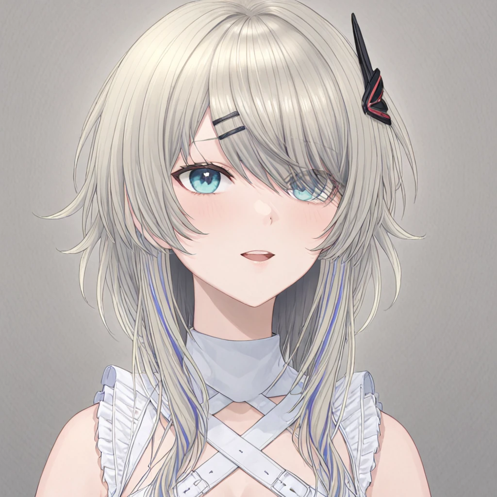 newlia, bangs, breasts, collarbone, dress, eyebrows visible through hair, eyes visible through hair, hair ornament, hair covering one eye, hairclip virtual youtuber, white dress, platinum blonde grey hair, streaked hair, amazing quality, 
shading, ultra-detailed, upper body, 
 <lora:LIA-XLv2-t1-000004:0.6>