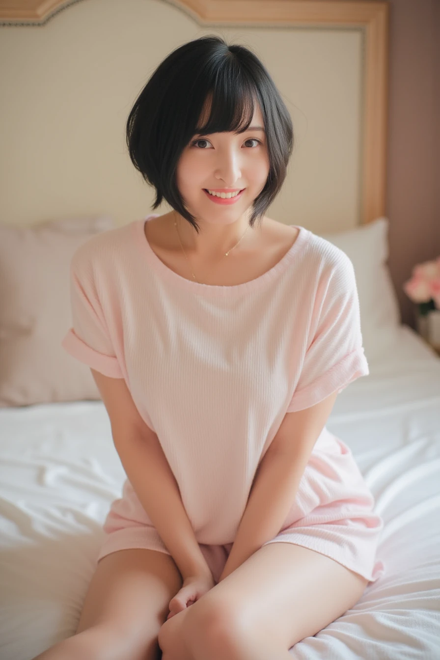 highest quality, Face Focus, Soft Light, (Depth of written boundary) ,Ultra-high resolution, (Realistic:1.4), RAW Photos, (Moody lighting, night:1.2), Bedroom,
(Upper thigh:1.4)
1 Japanese girl, alone, cute, cute, (shy, smile:1.1), (Brown eyes), Natural Face, (short hair),
(sit on a grey linen chair)
break
(White Naked Oversized T-Shirt:1.2)