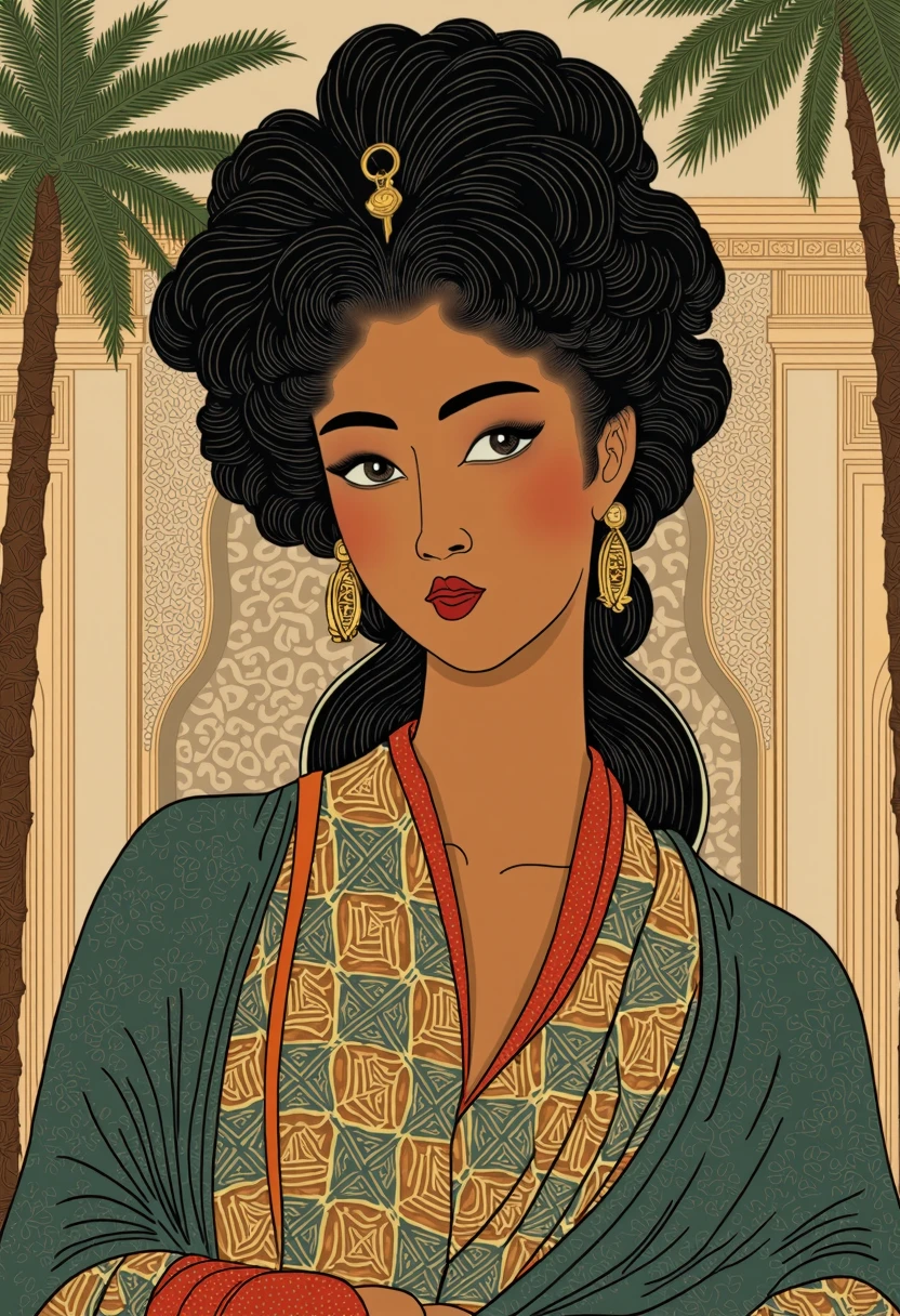 a portrait of a Moroccan woman in Shunga art style, merging traditional Moroccan and Japanese elements. She has captivating eyes, deep brown skin, and voluminous curly hair. She wears a traditional Moroccan kaftan with intricate geometric patterns and gold accents. The background includes palm trees and elegant mosaic designs, with Shunga’s fluid lines and soft color palette creating a balance of sensuality and refinement. The combination of rich textures and smooth shading enhances the portrait's allure.