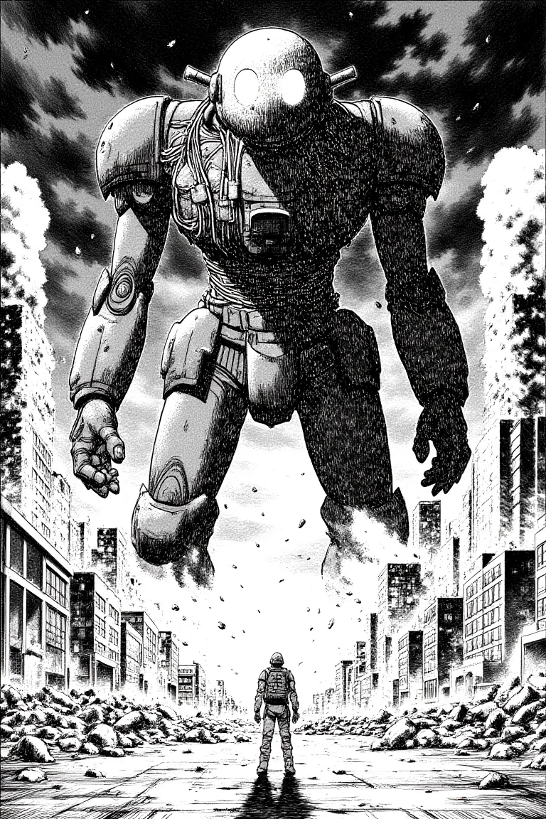 black and white manga drawing with naoUrasawa style of a dystopian, post-apocalyptic cityscape with towering, damaged buildings shrouded in smoke and debris, by night. A massive, imposing robot, covered in cables and mechanical components, looms over a lone human figure. The robot’s spherical head features a menacing visor. The human, dressed in tactical gear with a helmet and backpack, stands bravely in the robot's shadow, staring up at it as debris falls around them. The scene is dark and foreboding, with the gritty feel of decay and destruction, creating a sense of an epic confrontation between man and machine.