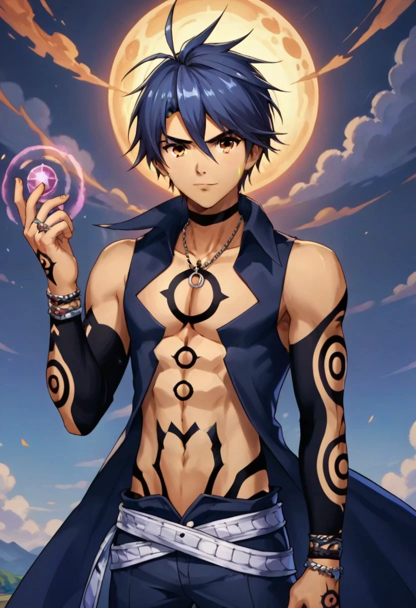masterpiece, Highest quality, One boy, (colorful),(Delicate eyes and face),Highly detailed CG Unity 8k ,Black costume,Tribal Tattoos,A single horn grows from its forehead,Unarmed Fighter,ghost