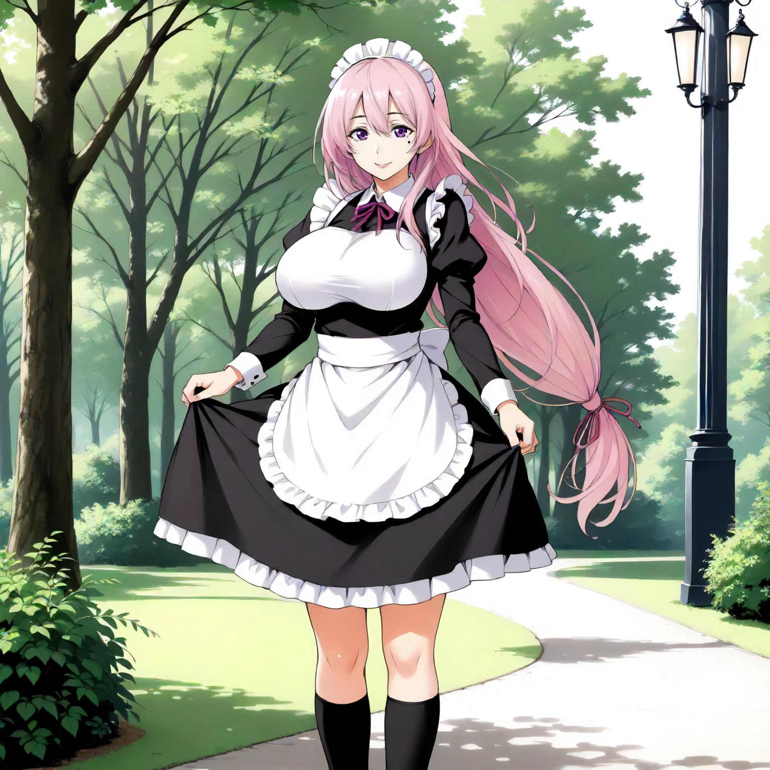 <lora:ToY_AkoNijyouXLpony001>,
outdoors,nature,
smile,
solo,
AkoNijyou,1girl,pink hair,long hair,purple eyes,
one mole under eye,
low-tied long hair,
large breasts,
wide hips,
standing,
maid,