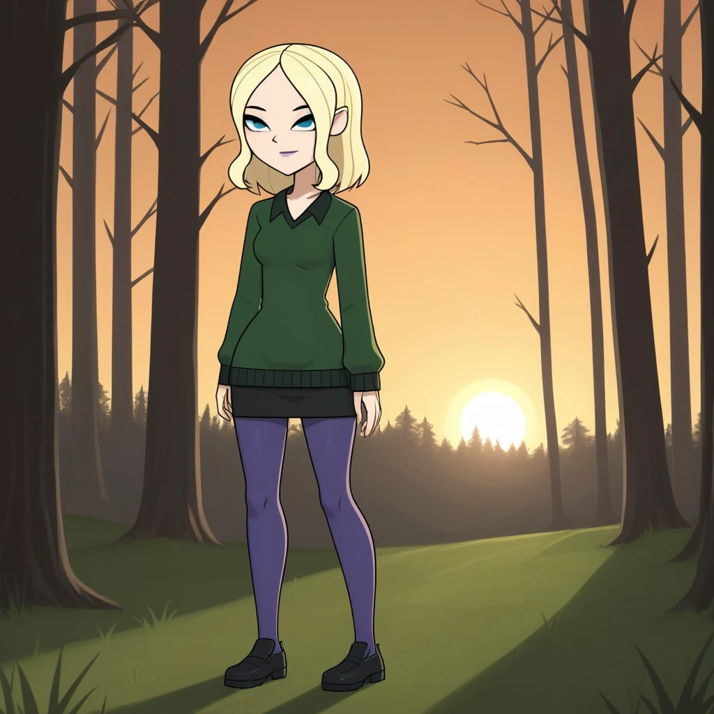 score_9, score_8, BREAK, solo, total drama, 1girl, blonde hair, white skin, dark turquoise eyes, small eyebags, black eyebrows, pointy nose, purple lips, lipstick, dark green sweater, cyan under clothing, black skirt, dark purple pantyhose, black shoes, Dawn_(\Total_Drama\), tdroti, cute, sexy pose, smile, outdoors, sunlight, shadows, evening lighting, natural lighting, forest, trees, grass, orange sky, sunset