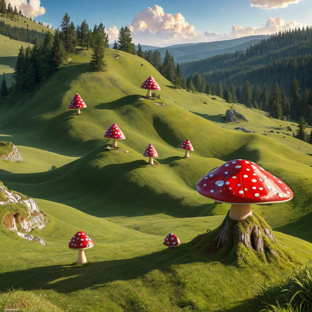 masterpiece, intricate photo, giant toadstools in the green hills, photo realistic, hyper realistic, highly detailed, sharp focus, cozy outdoor lighting, colorful, friendly colors, best quality, high resolution, 8K