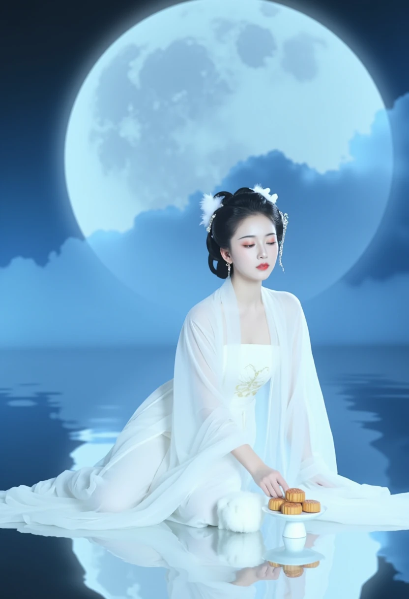 changexianzi, This is a high-resolution, digital photograph featuring a young Asian woman with a fair complexion and delicate features, dressed in traditional Hanfu attire. She is sitting on a reflective surface, possibly water, which mirrors the scene. Her attire is a flowing, white silk robe adorned with intricate embroidery and a subtle floral pattern. The robe drapes elegantly around her, emphasizing her slender figure.Her black hair is styled in an elaborate updo with ornate hairpins, including a pair of large, white, butterfly-shaped hair ornaments that add a touch of elegance and whimsy. She has a serene expression, with her eyes closed and her hands gently resting on her lap.In front of her, there is a small, white ceramic bowl containing a few pieces of what appear to be mooncakes, a traditional Chinese pastry associated with the Mid-Autumn Festival. The background is dominated by a large, full moon, which casts a soft, blue light over the scene, creating a mystical, ethereal atmosphere. The moon is partially obscured by wispy, blue-gray clouds, adding depth and texture to the image. The overall composition is harmonious and peaceful, evoking a sense of tranquility and cultural tradition.