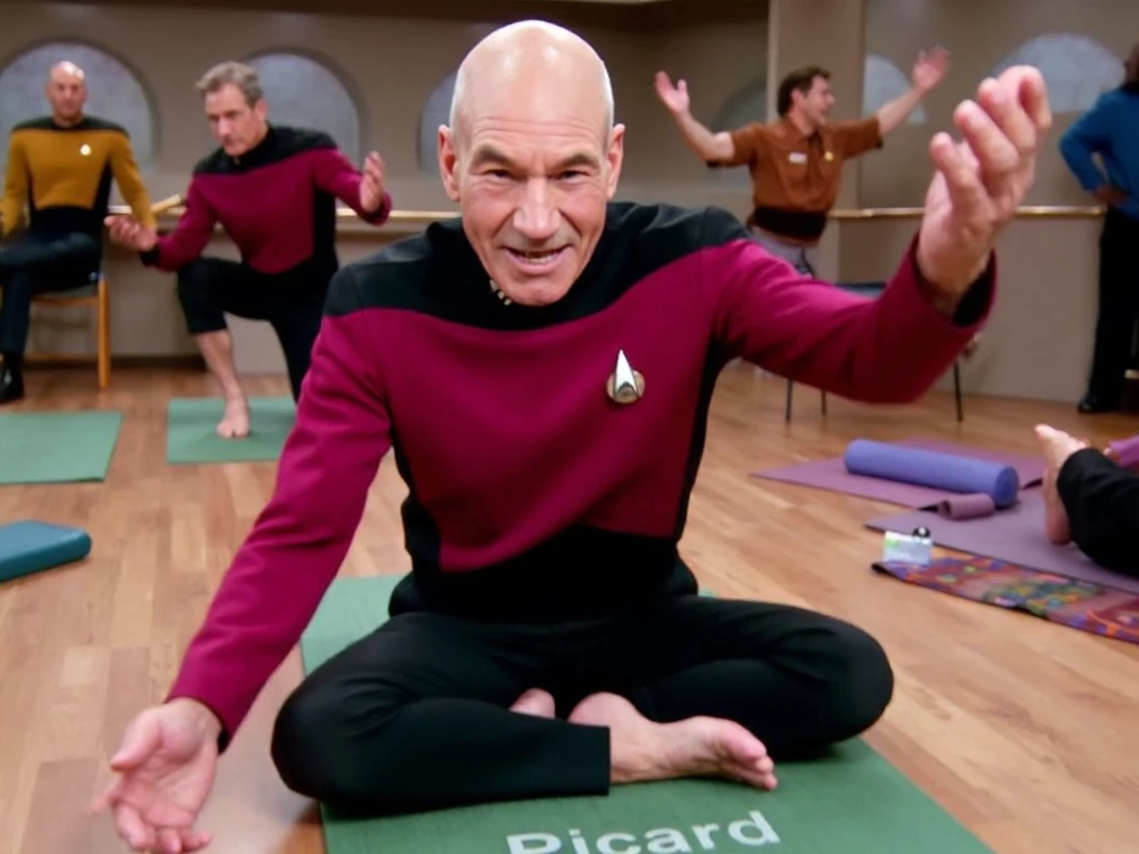 PicardLucJoHn69 <lora:picardlucjohn69:1.2>  Captain Picard at a yoga class, stretching awkwardly while following along with the instructor. His yoga mat, rolled out beneath him, has the word "Picard" embroidered on it. His face shows both determination and mild embarrassment.<lora:flux_realism_lora:0.5>