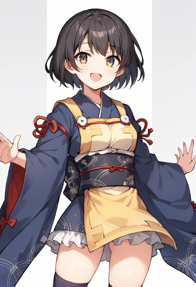 white_background,simple_background,score_9,score_8_up,score_7_up,source_anime,masterpiece,best quality,game cg,1girl,solo,little_girl,<lora:acloSB69>,a_clo,short hair,standing,black hair,dark blue kimono,wide sleeves,thighs,frilled skirt,yellow apron,obi,sash,ribbon,kneehighs,japanese clothes,cowboy_shot,smile,looking_at_viewer,front view,open mouth,