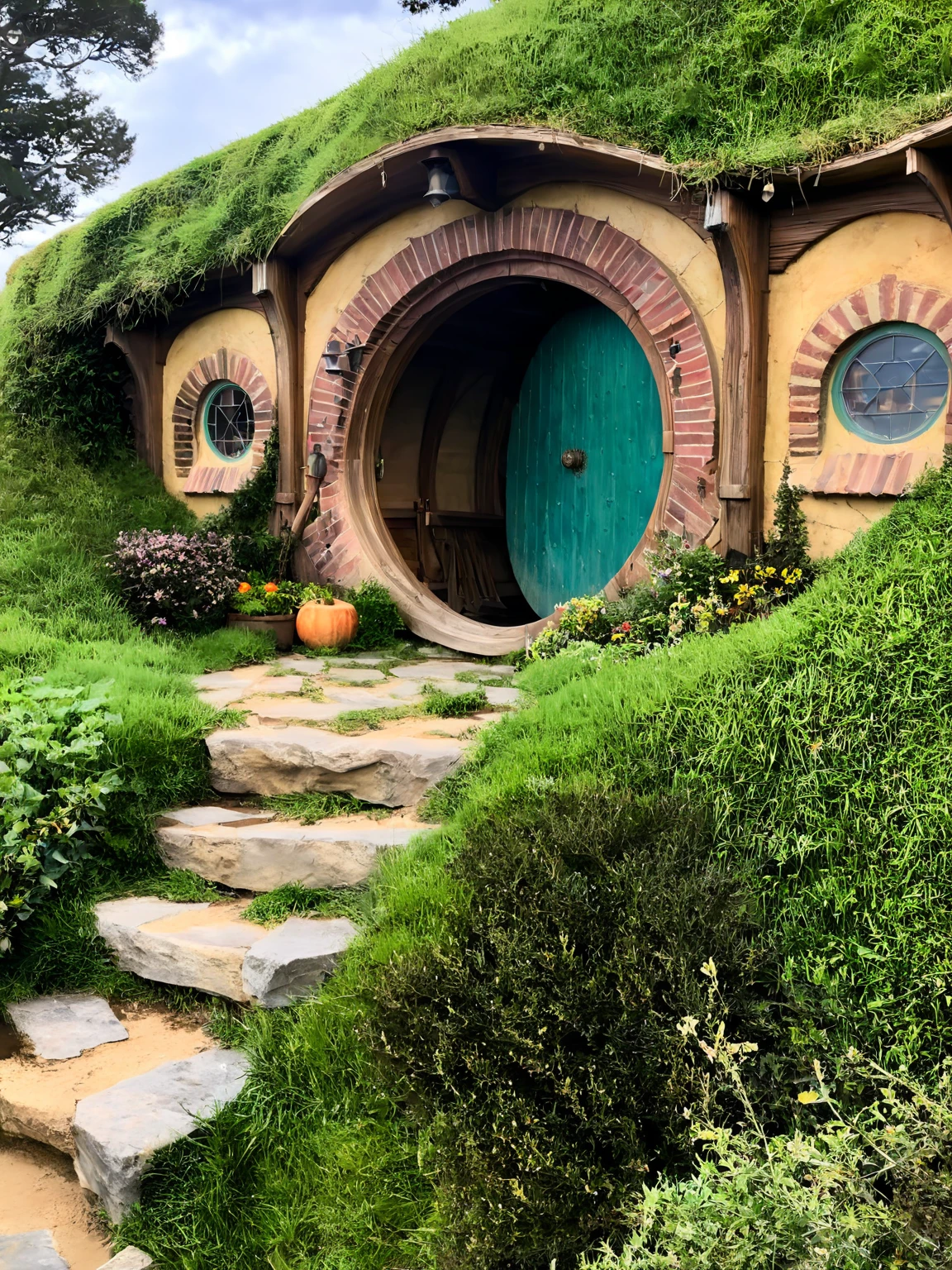 <lora:JJsHobbitHouse_XL:1>, ((Hobbit House)),  masterpiece, best quality, building,  (outdoors), plant, scenery, ((sky)),  center composition,  bush, day, grass, no humans, road,  door, window,