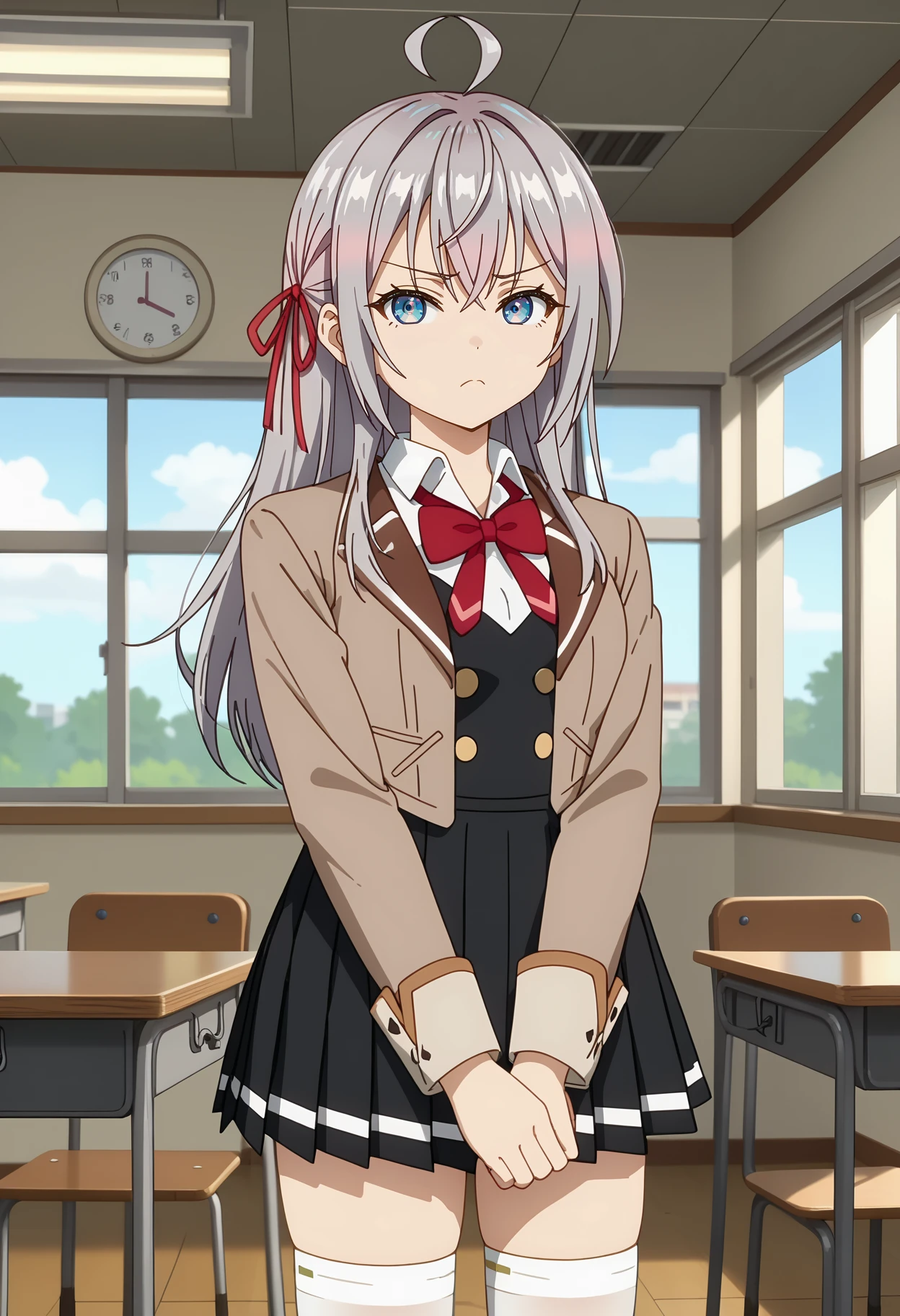 score_7_up, anime screencap, anime coloring,
<lora:Roshidere_KujouAlyaMikhailovnaXL:0.9>,
1girl, closed mouth, frown,
long hair, grey hair, ahoge, crossed bangs, blue eyes, hair ribbon, red ribbon,
AlyaSchool, cropped jacket, open jacket, brown jacket, red bowtie, white shirt, black vest, buttons, long sleeves, pleated skirt, black skirt, (white thighhighs:1.2),
v arms, standing, looking at viewer, cowboy shot,
classroom, blurry background, indoors