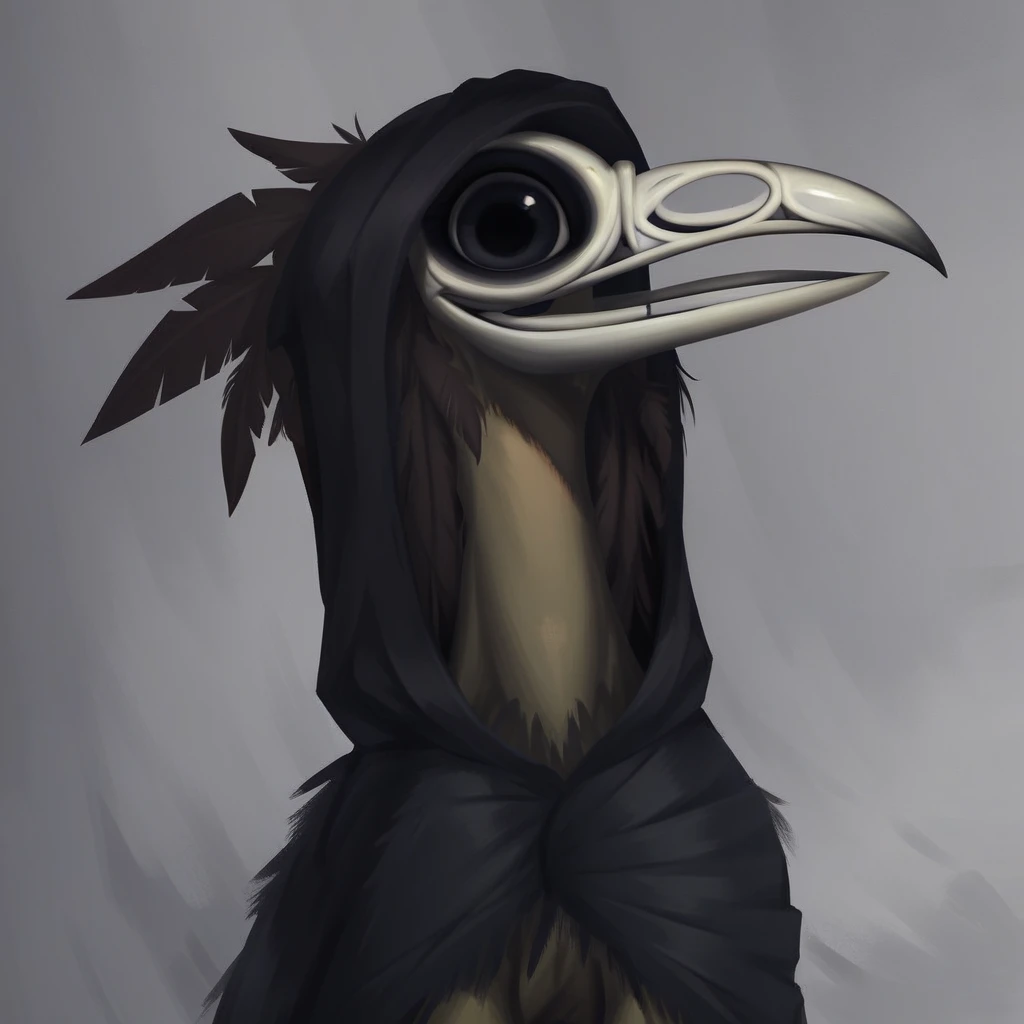 score_9_up, score_8_up, score_7_up, score_6_up, (best quality:1.1), ultra-detailed, high resolution, solo, Maar, God of death, griffon, feral, avian, raven skull, beak, huge black eye sockets, skeletal body, dark coat, dark hood, looking at you, portrait, spooky, expressiveh, simple background, highly visible, sharp focus, anatomically correct