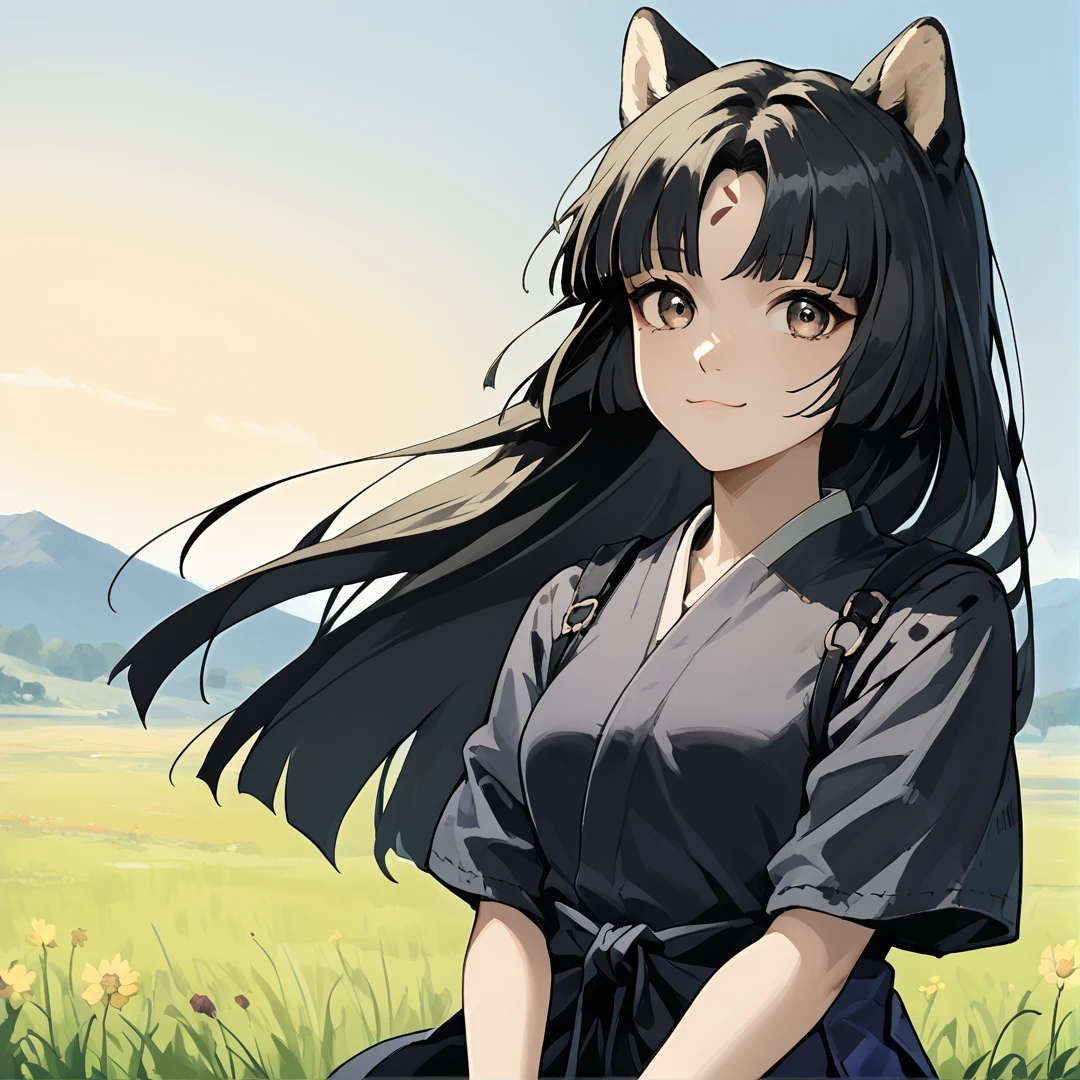 anime artwork Masterpiece, high quality, score_9, score_8_up, score_7_up, 1girl, field, cowboy shot, standing, looking at viewer, light smile, arms between legs,  <lora:Arknights_Saga_PONY_XL:1> aksaga, long hair, black hair, dog ears, bangs, forehead mark, brown eyes, medium breasts, japanese clothes, black kimono, fingerless gloves . anime style, key visual, vibrant, studio anime,  highly detailed