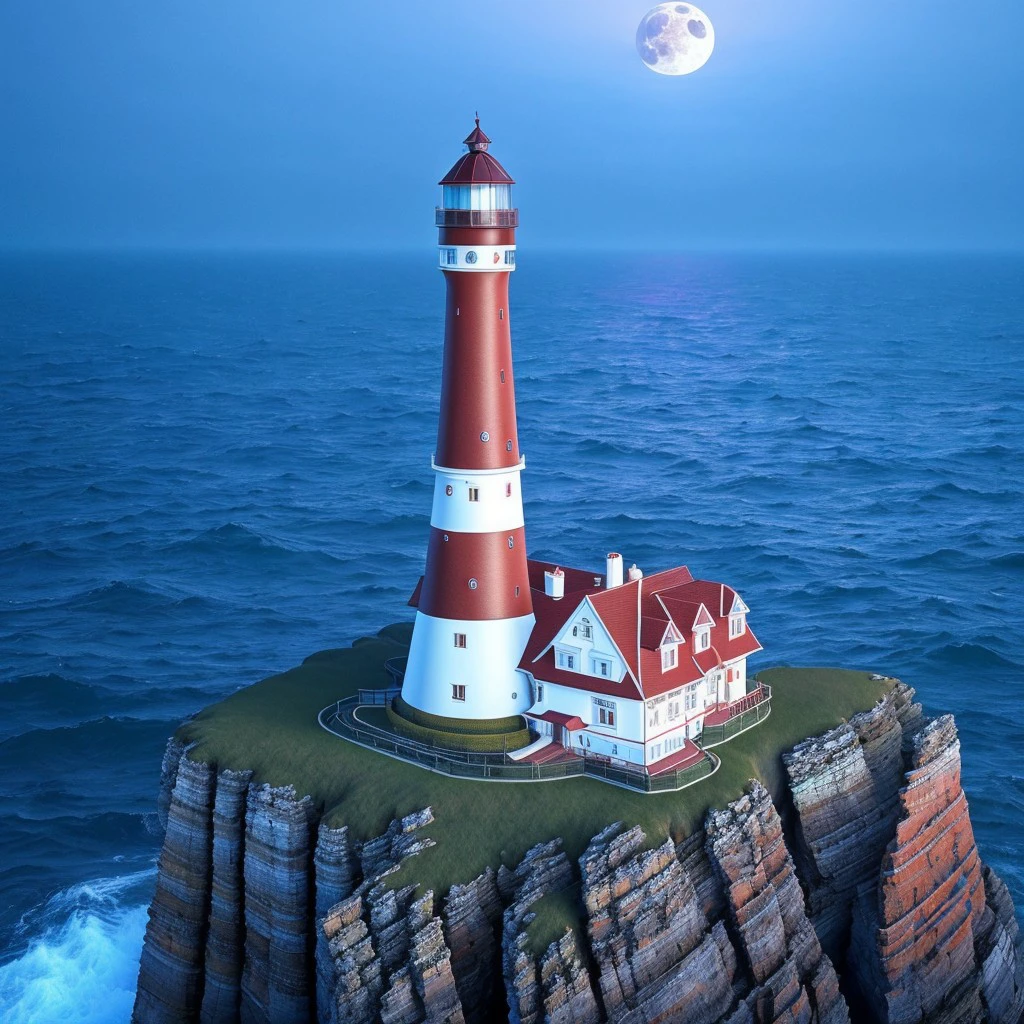 masterpiece, full scale wide photo, intricate photo, precisely detailed lighthouse with red-white colored ring-sections in the ocean on a rock by dark night, mfull moon is shining, hazy fog on the water surface, blue neon backlight at the horizon mirroring in the ocean, photo realistic, hyper realistic, highly detailed, sharp focus, high resolution, best quality, colorful, friendly colors, cozy outdoor lighting, 8K