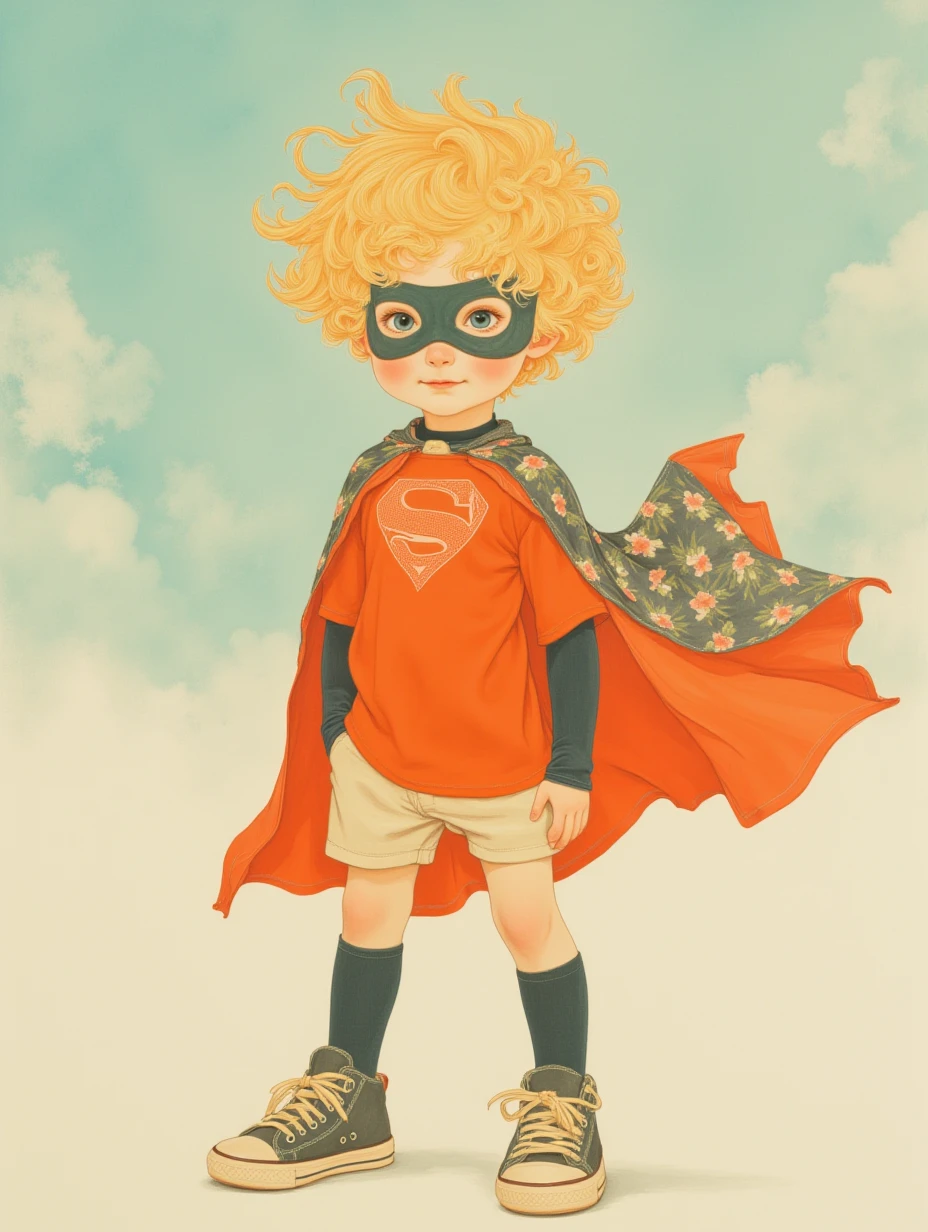 gongbihua,

A mischievous boy with tousled locks of spun gold, his eyes the color of a summer sky, clad in a superhero cape billowing behind him, a quirky mask, and scuffed sneakers.