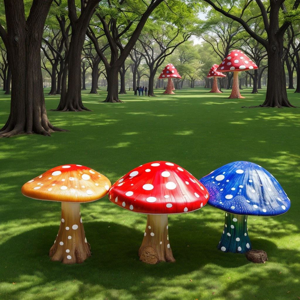 masterpiece, intricate photo, giant toadstools in Central Park of New York, photo realistic, hyper realistic, highly detailed, sharp focus, cozy outdoor lighting, colorful, friendly colors, best quality, high resolution, 8K