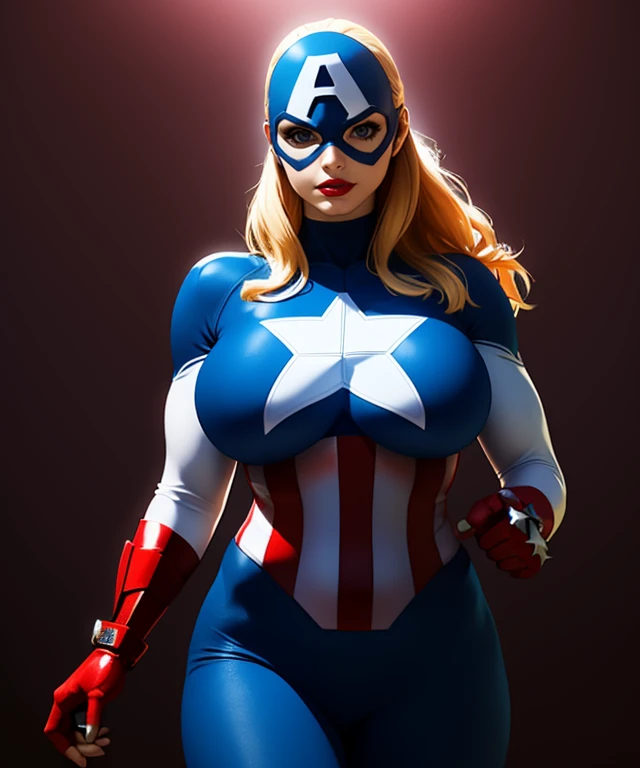 (masterpiece:1.2), best quality, (realistic:1.5), (1girl:1.5), (americandream:1.5), blonde hair, long hair, blue eyes, (red_lipstick:1.2), (mask:1.5),superhero, bodysuit, (star (symbol):1.5), (adshield:1.5), (shield:1.2), (red_fingerless_gloves:1.2), (white_sleeves:1.5), (blue_shoulders:1.2), (huge_breasts:1.2), curvy, (dramatic_lighting:1.2), (cowboy_shot:1.5), (American_flag:1.2), <lora:AmericanDreamV1:1>