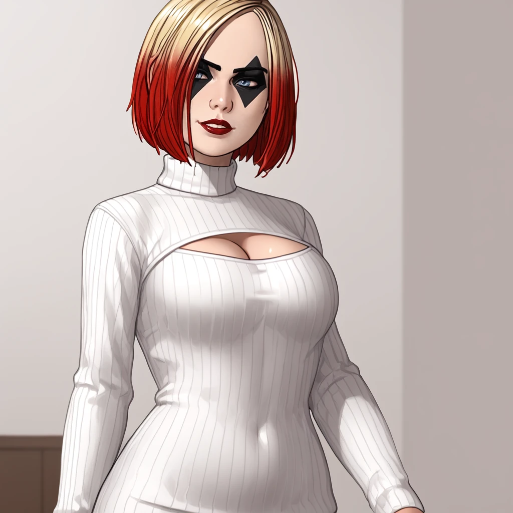 <lora:harleyquinntelltale_pony_v1:.8>  HarleyQuinnTelltale, 1girl, solo, makeup, mask,, lipstick,short  brown multicolored red hair, blonde hair, multicolored hair, large breasts, cowboy shot<lora:open-chest-sweater-ponyxl-lora-nochekaiser:1> open-chest sweater, ribbed sweater, cleavage cutout, meme attire, clothing cutout, turtleneck, sweater dress, cleavage, clothes tug, sweater pull, cleavage reach,