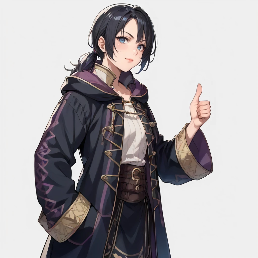 solo, simple background.  <lora:Clothing FE A Tactician Outfit :1> f3atact1c1an, long sleeves, long coat,  <lora:Character BtV Marian Crane:0.8> marian, 1girl, black hair, low ponytail, sidelock, short hair, gray-blue eyes, athletic build, strong. thumbs up, score_9, score_8_up, score_7_up, score_6_up, score_5_up, score_4_up, masterpiece, detailxl. BREAK