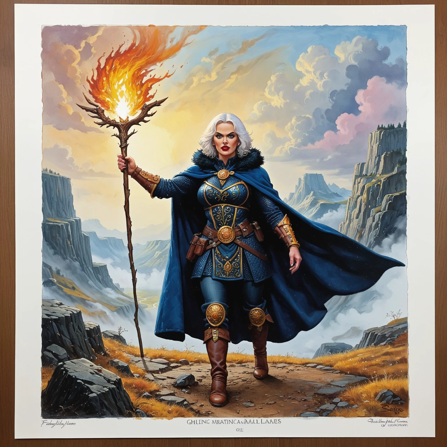 safe_pos, easley_art oil painting score_9 score_8_up score_7_up action scene 1girl cape female focus tail armor solo traditional media sky white hair weapon epic landscape maigcal magic items powerful nsfw sexy muscular massive breasts undead sluts swords staff jewelry fire cluds sunset dramatic lighting the storm perfect illustration for dnd easley_art oil 