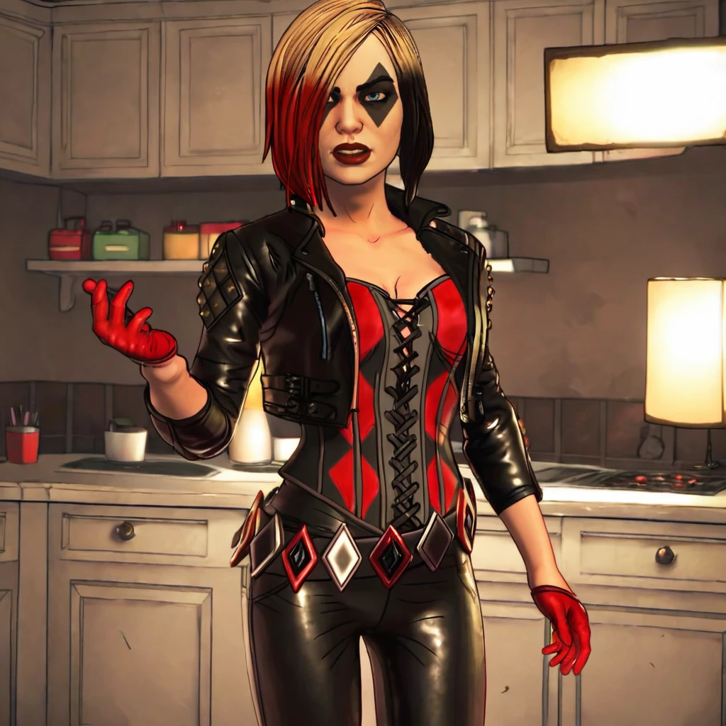 <lora:harleyquinntelltale_pony_v1:.9>  HarleyQuinnTelltale, 1girl, solo, cleavage, corset, makeup, mask, hair over one eye, lipstick, leather cropped jacket, red gloves, short brown multicolored red hair, medium breasts, leather pants