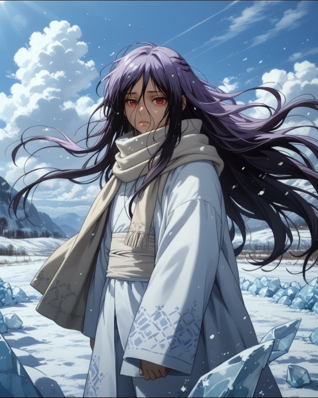 score_9,score_8_up,score_7_up,
day,in winter,field,snow,ice,wind,
Setsura,solo,1girl,red eyes,black hair,purple hair,
white kimono,
standing,sad,looking_at_viewer,<lora:Setsura_PONY:0.9>,