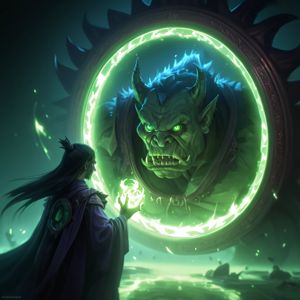 Cinematic shot of an evil witch summoning an evil green orc from a big glowing portal, the orc is slowly appearing from the portal and enering our world, summoning portal, masterpiece, best quality, highly detailed, sharp focus, dynamic lighting