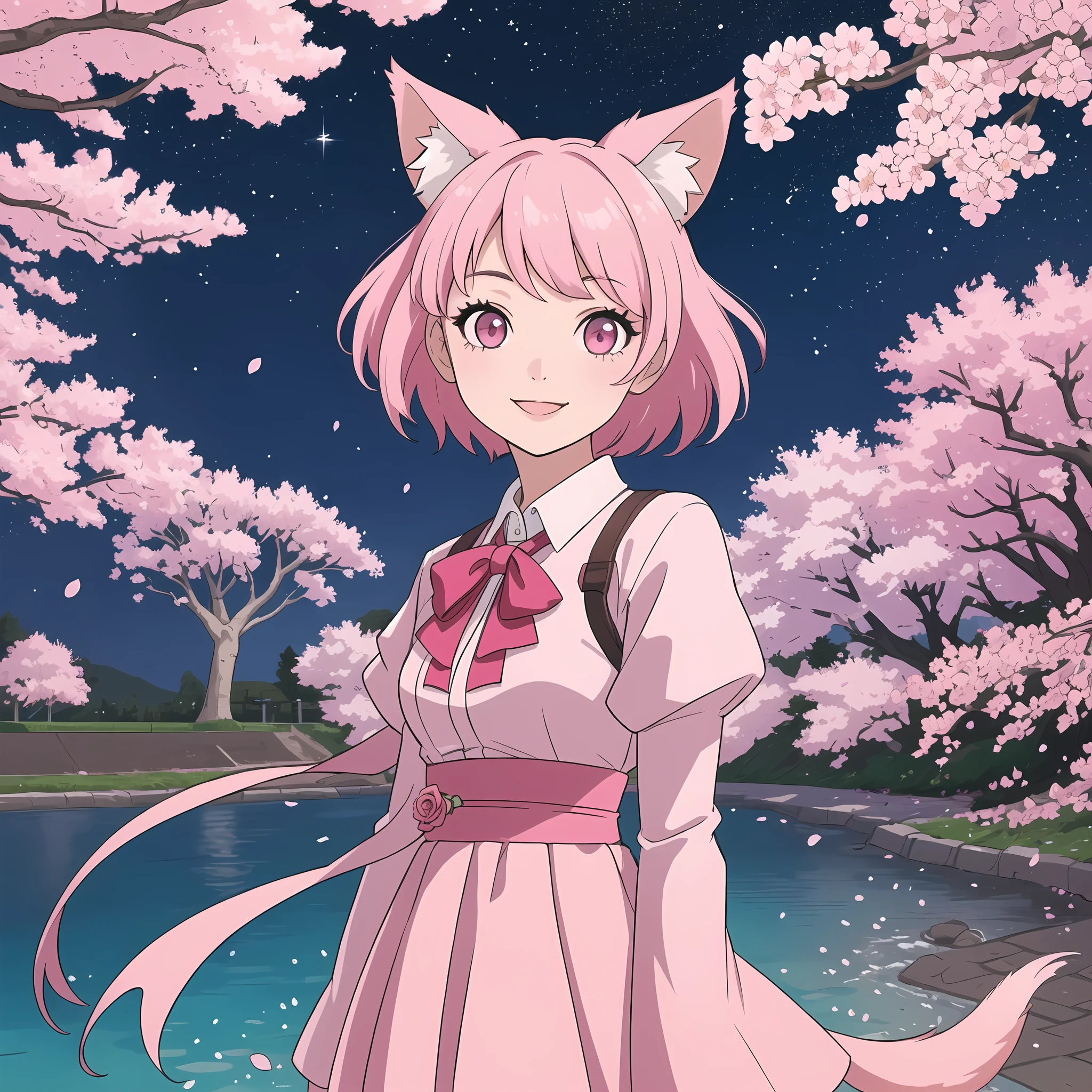 masterpiece, best quality, ultra-detailed, 1girl, detailed water, short hair, pink hair, light pink eyes,  roses, everywhere roses, gorgeous, cherry blossoms, cherry, cherry blossoms tree, smile, view from front, fox ears
night , stars in the background,