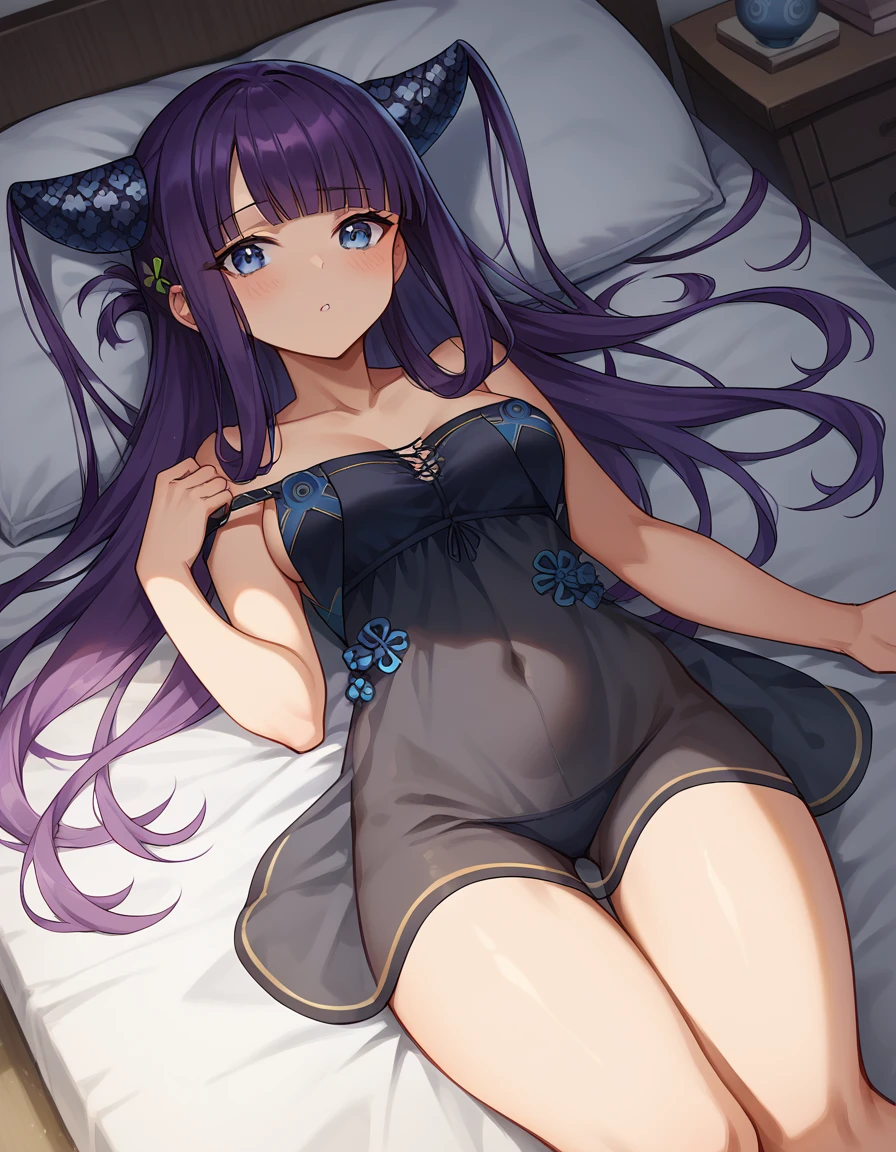 score_9, score_8_up, score_7_up, source_anime, <lora:fgo-yang-guifei-ponyxl-lora-nochekaiser:1>, yang guifei, blue eyes, blunt bangs, long hair, purple hair, medium breasts,, <lora:chemise-ponyxl-lora-nochekaiser:1>, chemise, strap slip, see-through, bare shoulders, collarbone, thighs,, indoors, bed, bed room, on back, on bed, blush, , cowboy shot, dutch angle