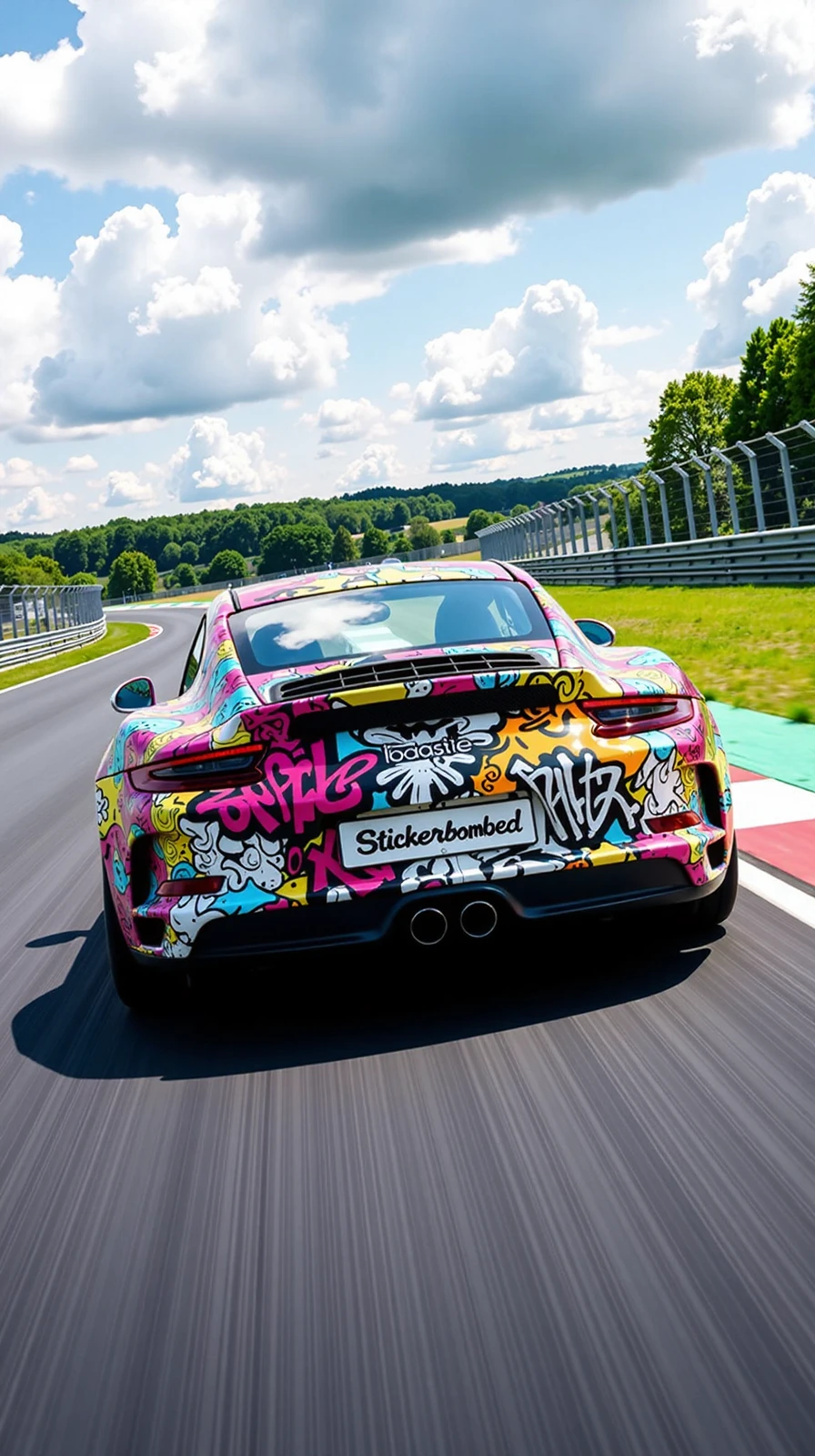 a graffittistickerbombed sportscar driving on a racing track, with the sign " Stickerbombed" on the license plate,   <lora:flux-stickerbombed:1>,