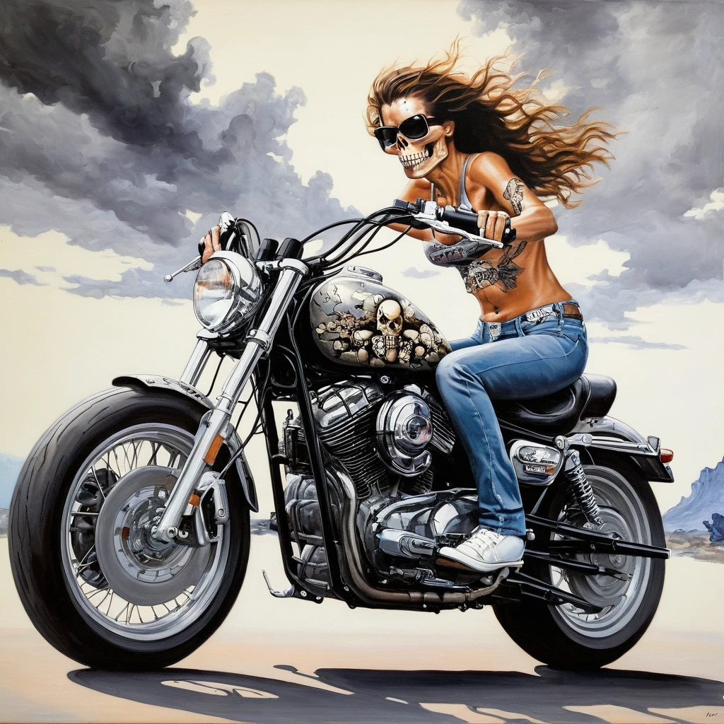 painting 11skull11, woman riding motorcycle