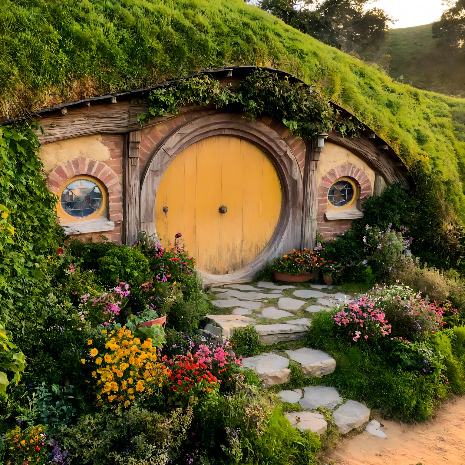 <lora:JJsHobbitHouse_XL:1>, ((Hobbit House)),  masterpiece, best quality, building,  (outdoors), plant, scenery, ((sky)),  center composition,  bush, day, grass, no humans, road,  door, window, golden hour, flower,