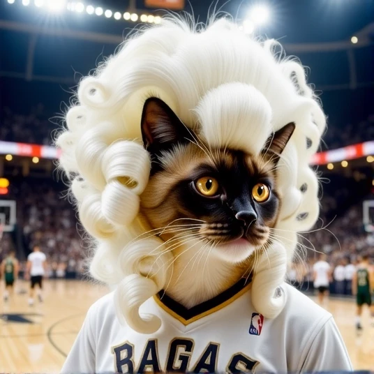 a detailed head and shoulder photo portrait of a (cat:1) wearing a tshirt and white (rococo wig), background is basketball stadium interior with crowd, slow motion, bokeh, cinematic 18k film still <lora:HAROQUE2FLUX-000001:1.1>